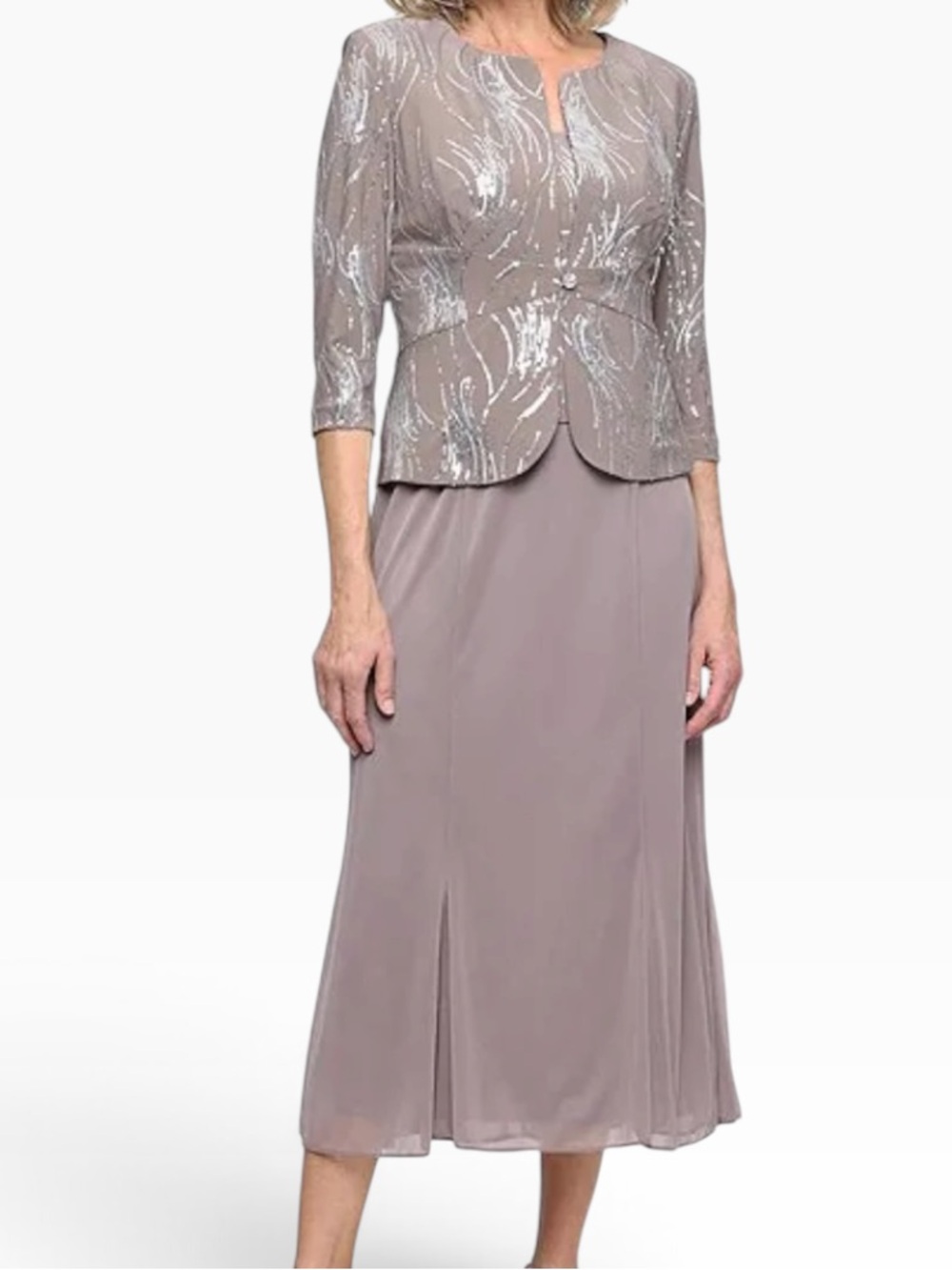 Alex Evenings "Pewter Frost" Firework Sequin Detail Tea Length Jacket Dress 14